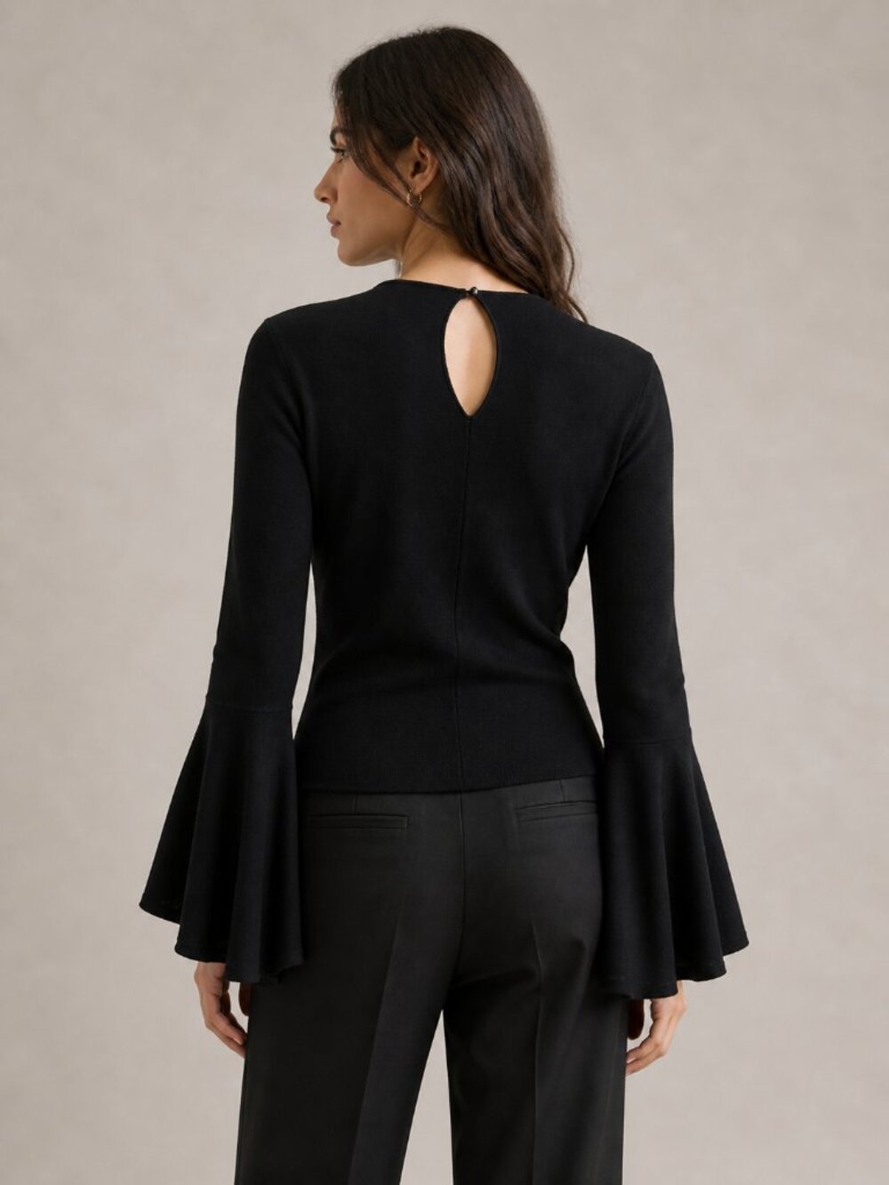 Eliza J Black Bell Sleeve Knit Top Keyhole Back Size L - Picture 2 of 8
